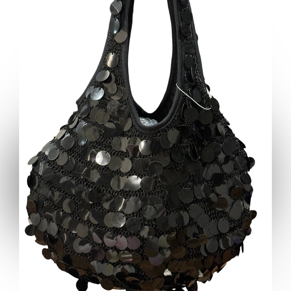 BlACK HOBO SEQUINED SLOUCHY SHOULDER BAG.